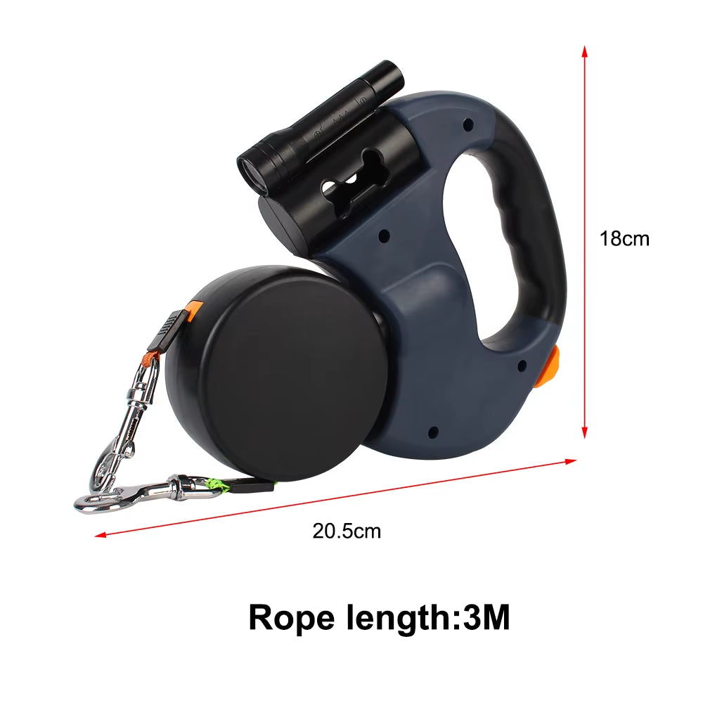 Auto Retractable Dual Dog Leash 3M with Flashlight Waste Bag Box Roulette Double-Ended Traction Rope Pet Supplies