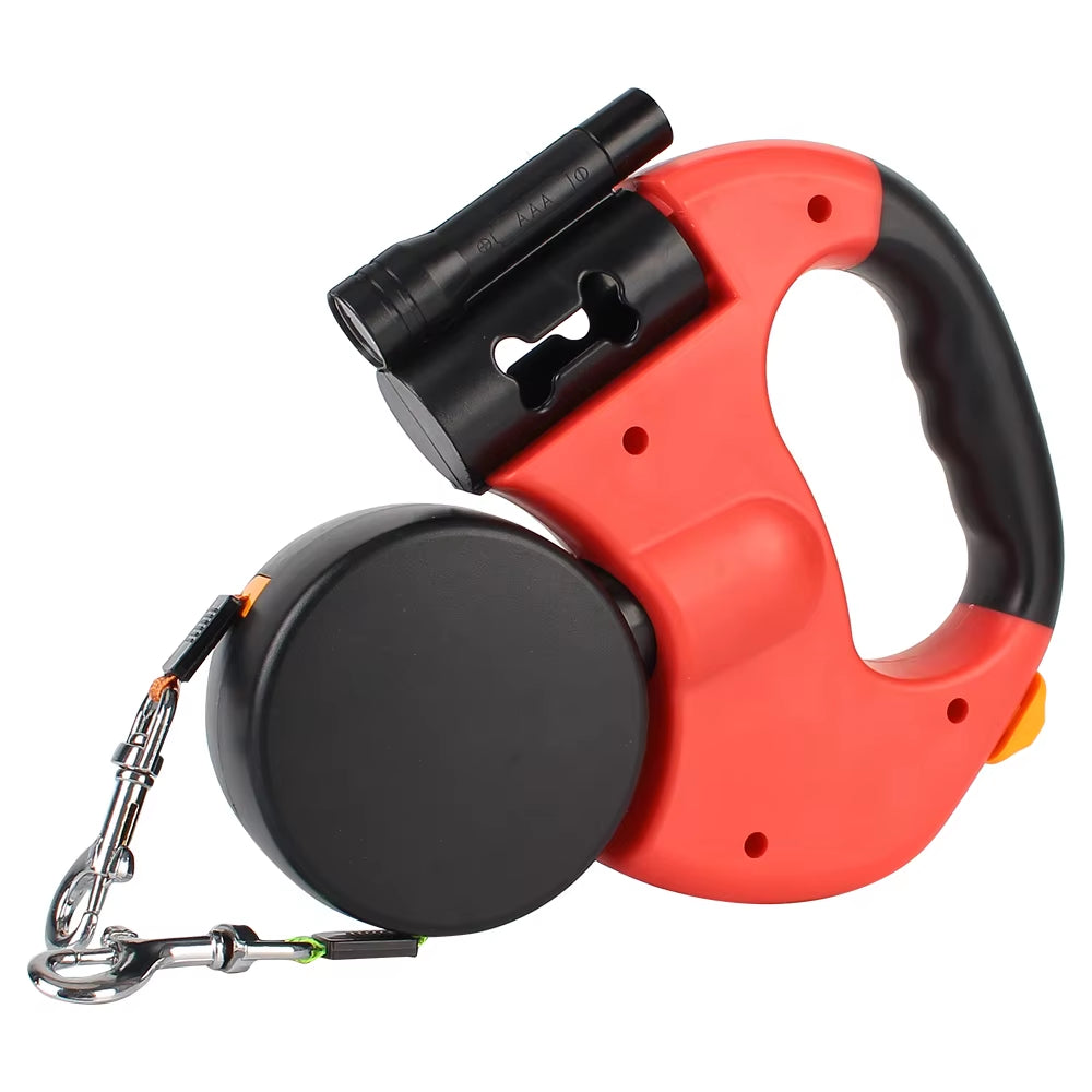 Auto Retractable Dual Dog Leash 3M with Flashlight Waste Bag Box Roulette Double-Ended Traction Rope Pet Supplies