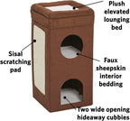 Feline Nuvo Curious Cat Condo, Tri-Level Cat Tree, Faux Brown Suede with Hideaways, Bed Top & Sisal Scratch Panel, for Multiple Cats
