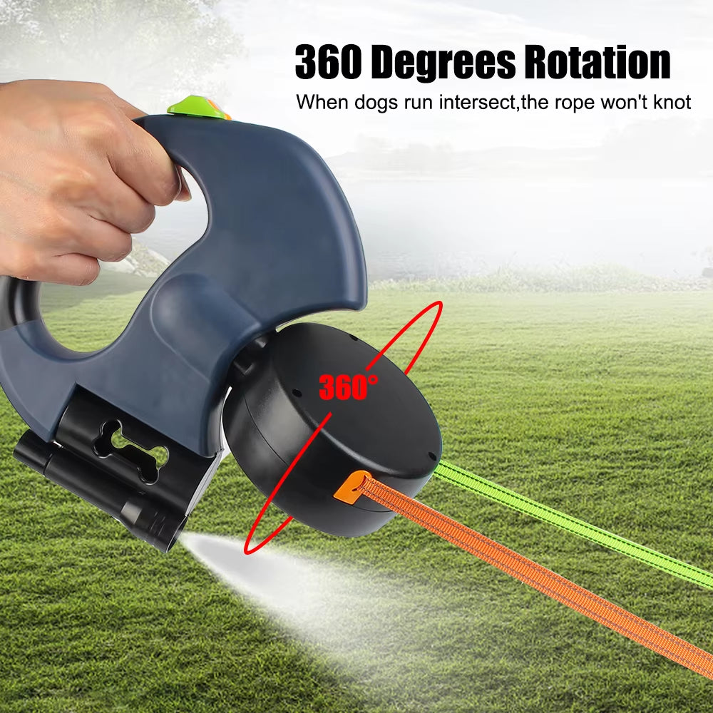 Auto Retractable Dual Dog Leash 3M with Flashlight Waste Bag Box Roulette Double-Ended Traction Rope Pet Supplies